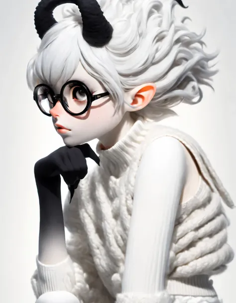 (Profile view:1.2) A person&#39;s skin is very white，Demon girl with black horns, (Pitch-black eyes:1),( Wearing a white vest sweater and white bubble shorts:1.2)  , white hair , Plenty of lighting ,freckle, intricate details, (Oversized glasses:1.2)