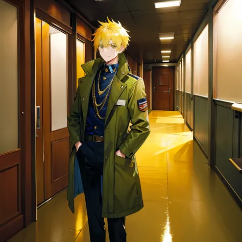 A man，Handsome，Spiky Yellow Hair, Air Millitary Base，Sateen，Millitary coat large，Put your hands in your pockets