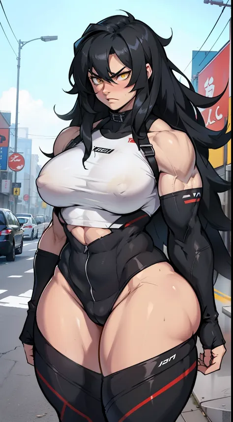 1girl solo black hair yellow eyes very long hair pale skin muscular muscular muscular muscular toned body huge muscles thick thighs girl tight clothes angry blushing messy hair thick thick thick thick thick thick