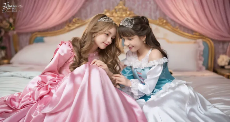 ,highest quality, masterpiece, highest resolution, artwork, super それにget used to it, many get used to it, get used to it, それにget used to it, 3K realistic photos,,((10 years old女の子)),Super detailed baby face,the two girls are princesses,Full length ball gow...