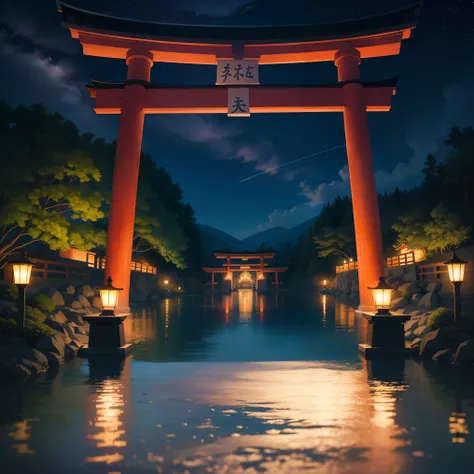 water彩画(beautiful beautiful:1.2)、water、liquid、night、Colorful、night、美しいnight、starry sky、幻想的なnight、big torii、There is hope beyond the torii gates、Full of light