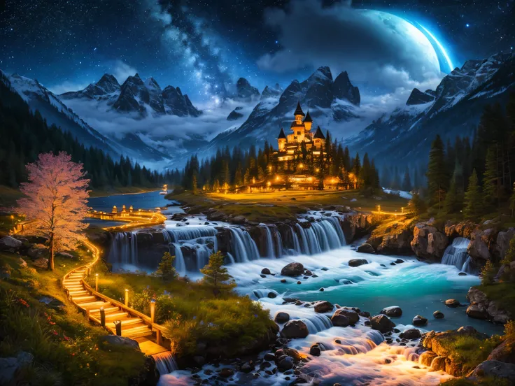 highest quality, masterpiece, Beautiful wild and nature fantasy landscape with sparkling lights