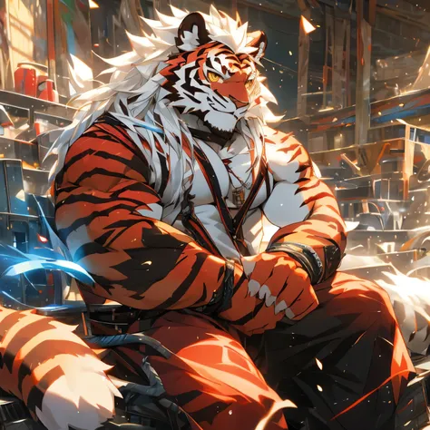 kemono,furry,red tiger,long hair,white hair,white eyebrows, tiger boy,sitting,sunshine, furry boy,furry,particles, blue glowing,...