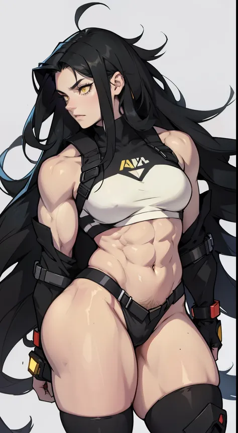 messy hair extremely long hair black hair yellow eyes pale skin girl (muscular girl thick)