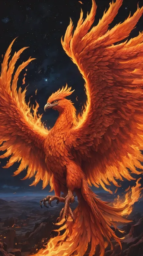 (best quality, masterpiece, ultra-detailed, photorealistic:1.3), a phoenix, fire bird rising from the ashes, night sky, mythic, ...