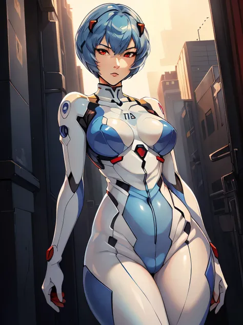 ((ultra quality)), ((masterpiece)), Rei Ayanami, Evangelion, Epic Art, ((blue short hair)), (Beautiful face), (beautiful female lips), (), charming, ((Neutral facial expression)), looks at the camera, (skin color white), (White skin), glare on the body, ((...