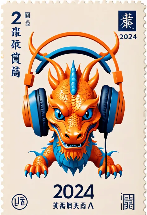 in style of postage stamp design ,,Orange and blue simple chinese dragon wearing big headphones,(The stamp is postmarked 2024),(vintage &Quote;2024&Quote;)