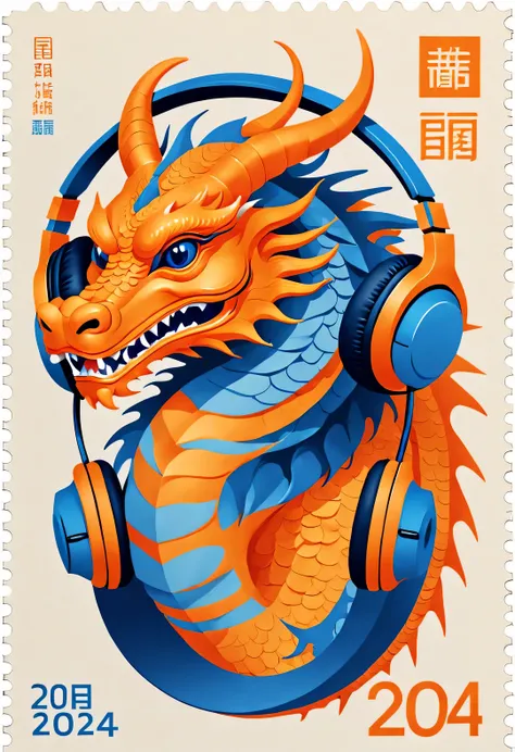 in style of postage stamp design ,,Orange and blue simple chinese dragon wearing big headphones,(The stamp is postmarked 2024),(vintage &Quote;2024&Quote;)