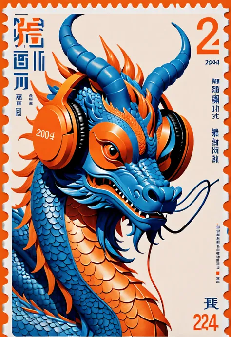 in style of postage stamp design ,，orange and blue simple chinese dragon wearing big headphones，（the stamp is postmarked 2024）， ...