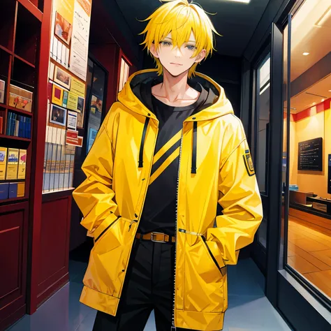 A man，Handsome，Spiky Yellow Hair, SkyCrapper，Sateen，Chinese Hoodie，Put your hands in your pockets