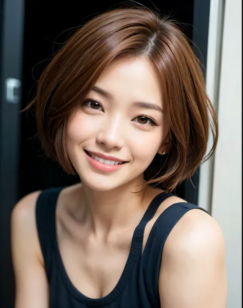 Close-cropped hair, short hair, uneven tips, short hair, smile, brown hair