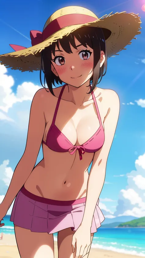 shinkai makoto, kimi no na wa., 1girl, bangs, black hair, blush, brown eyes, shiny skin, red headband, pink bikini, pink short skirt, straw hat, short hair, smile, cute, looking at viewer, happy, summer beach, cloudy, blue sky, sunlight, lens_flare, bright...