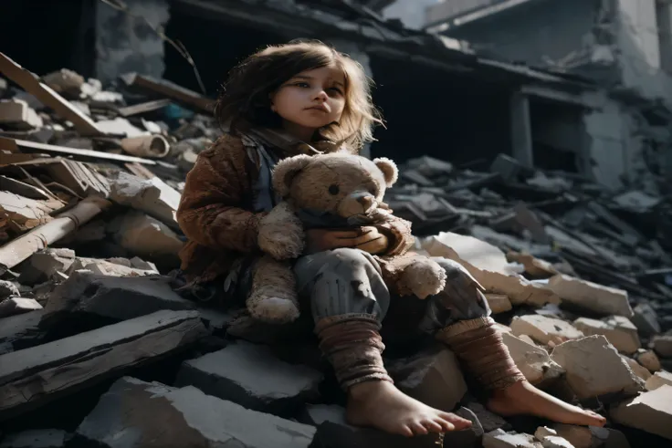 arafed girl sitting on a pile of rubble holding a teddy bear, by irakli nadar, absolutely outstanding image, massive destruction, brave young girl, war torn, rubble, devastated, by Matija Jama, in ruins, standing atop a pile of rubble, poverty, by Maciej K...