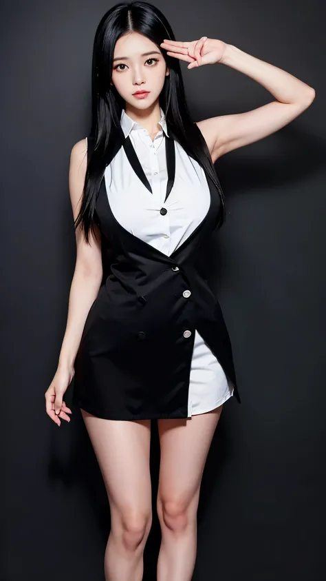 A picture of long black hair、Drawing of woman in white shirt, side breasts, Heavy gesture style closeup, Flat anime style shadow, full body illustration, Extra details, Clean and detailed anime style, Wear a white vest, wearing a vest, Thick border line 