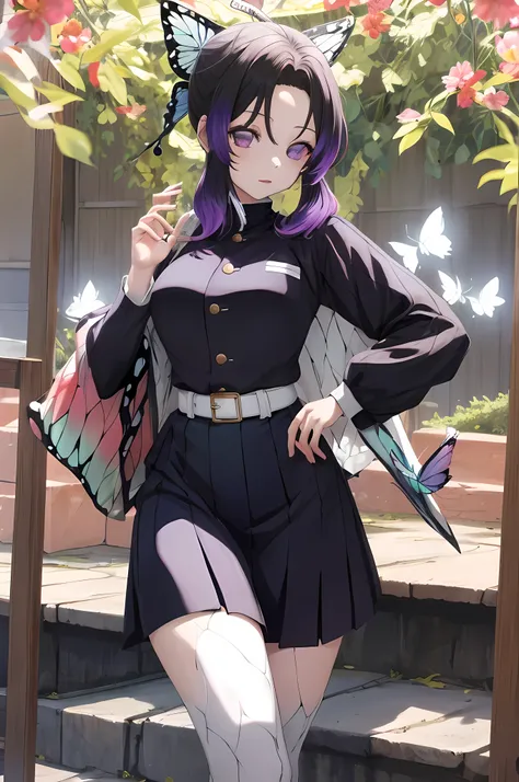 masutepiece, Best Quality, hight resolution, 1girl in, 独奏, kochou shinobu, Decorate your hair with butterflies, violet eyes, Multi-colored hair, long hair, Parted bangs, legs together, skirt by the, Turtleneck Top, outside of house, Erotica, Emphasis on th...