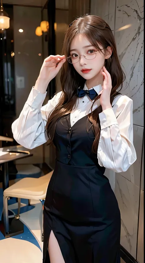 In a scholarly atmosphere, a woman embraces the charm of a glasses-wearing scholar. Her ensemble features modest yet stylish clothing, complemented by a pair of chic glasses that add an intellectual flair. With an air of intelligence and sophistication, sh...