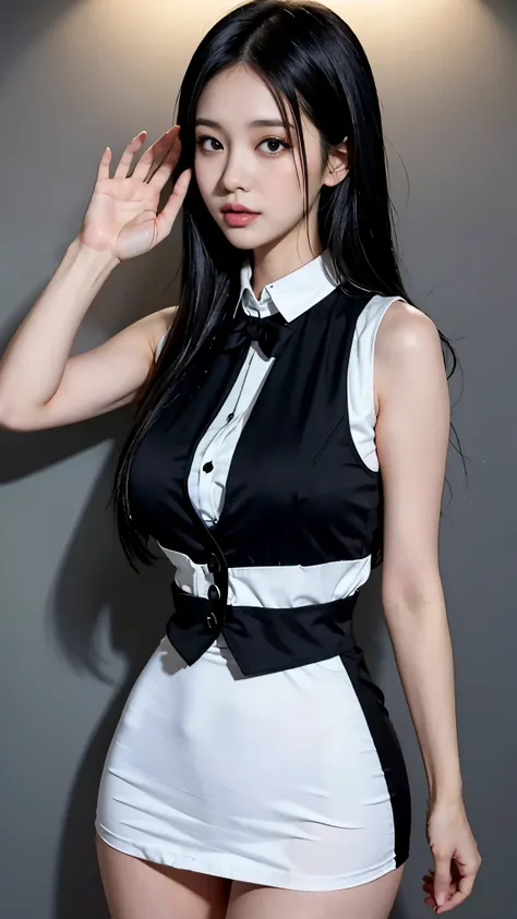 A picture of long black hair、Drawing of woman in white shirt, side breasts, Heavy gesture style closeup, Flat anime style shadow, full body illustration, Extra details, Wear a white vest, wearing a vest, Thick border line