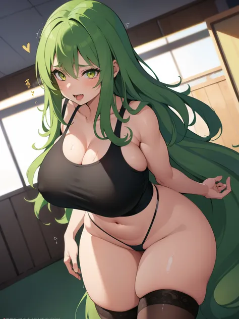 1girl, excited, body green, stylized drawing style, anime, emphasis lines, full green slime woman, milf, long messy hair, gold eyes, black irises, big tits, big ass, plus size, Sports bra, black thong, nsfw, Squeezing her breasts, blowjob, masturbating a p...