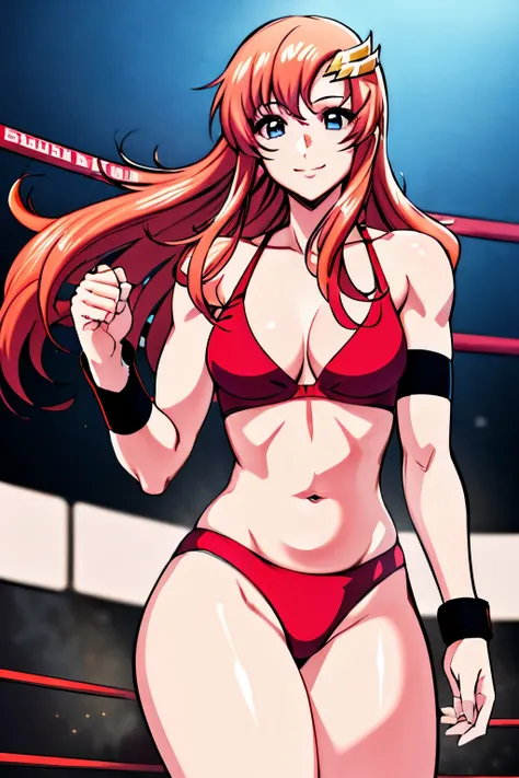 lacus4, (red bikini, groin lines, fat tummy, red gloves), (masterpiece, cowboy shot, very slim shoulders, 4K, Best Quality, Anime style: 1.9, happy, Adult Woman, (ultra detailed head), (wrestling ring with crowd, cloud background), Drawing lines, high reso...