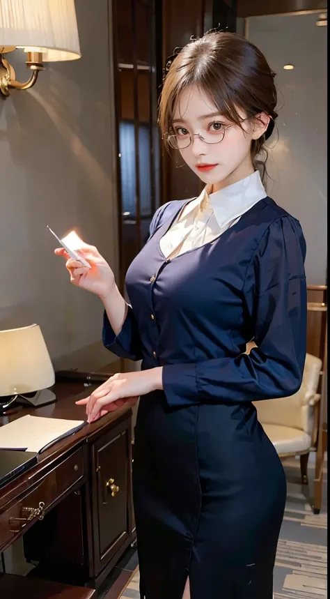 In a scholarly atmosphere, a woman embraces the charm of a glasses-wearing scholar. Her ensemble features modest yet stylish clothing, complemented by a pair of chic glasses that add an intellectual flair. With an air of intelligence and sophistication, sh...