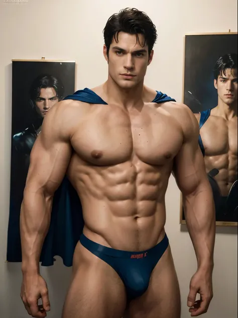 Henry Cavill as Superman ((Best Quality, 8K, ultra-detailed, Masterpiece: 1.3)), 1boy, shiny skin, sharp, Perfect Body Beauty, realistic shaded perfect body, The image is primarily composed of white, black, and royal blue colors. The artwork is created wit...