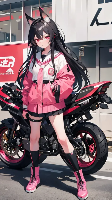 16 year old girl,long hair,Black hair with pink highlights,Dont tie your hair.,Japanese school uniform,black boots,bright pink eyes,tan skin,Big bike,Ducati Superbike, Ducati,Load the motorcycle