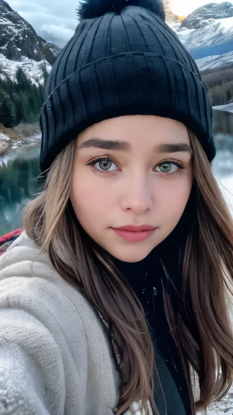 photorealistic, best quality, hyper detailed, beautiful Emilia Clarke, selfie photo, full body, solo, wearing pullover, 3 different style and cloths ,outdoors, (night), mountains, real life nature, stars, moon, (cheerful, happy), sleeping bag, gloves, swea...