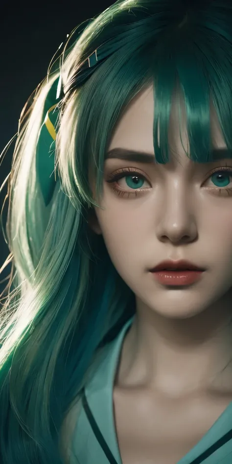 teal and green hair, hair ribbon, Surrealism, cinematic lighting, close-up, UHD, high details, masterpiece  