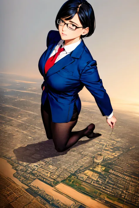 Giantの芸術, 非常に詳細なGiantショット, Giant, short hair, A high school girl who is much bigger than a skyscraper, wearing rimless glasses, big breasts, big ass, navy blue blazer, red tie, mini skirt, black pantyhose, pantyhose barefoot, very small metropolis, miniatu...