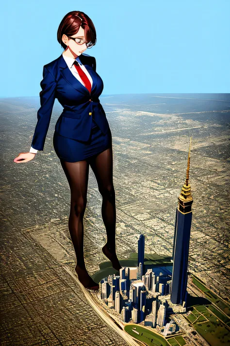 Giantの芸術, 非常に詳細なGiantショット, Giant, short hair, A high school girl who is much bigger than a skyscraper, wearing rimless glasses, big breasts, big ass, navy blue blazer, red tie, mini skirt, black pantyhose, pantyhose barefoot, very small metropolis, miniatu...