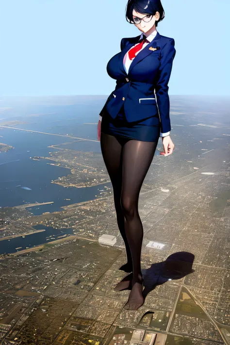 Giantの芸術, 非常に詳細なGiantショット, Giant, short hair, A high school girl who is much bigger than a skyscraper, wearing rimless glasses, big breasts, big ass, navy blue blazer, red tie, mini skirt, black pantyhose, pantyhose barefoot, very small metropolis, miniatu...