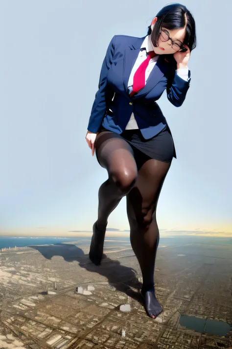 Giantの芸術, 非常に詳細なGiantショット, Giant, short hair, A high school girl who is much bigger than a skyscraper, wearing rimless glasses, big breasts, big ass, navy blue blazer, red tie, mini skirt, black pantyhose, pantyhose barefoot, Showing the soles of the feet,...