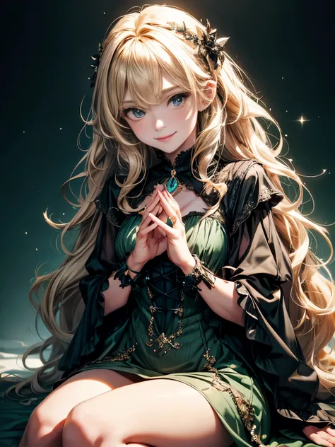 prompt: 8K resolution, delicate features, , single, mature woman, smile, blonde,long curly hair, princess cut, Small hair ornament, brooch, Shiny dark green mini dress, gothic style, Folded hands, Please look into the camera