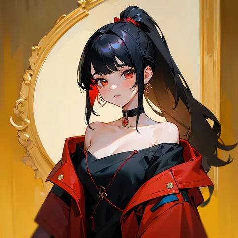 1 girl, Redeye, return, bangs, naked, Braid, choker, earrings,Black hair, jewelry, long hair, looking at the viewer, looking return, nail polish, off shoulder, parted lips, earrings, ponytail, red jacket, alone, Upper body,Bayi,[[realistic]],(shiny skin),(...