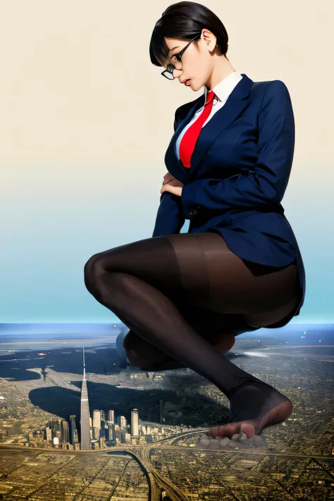 Giantの芸術, 非常に詳細なGiantショット, Giant, short hair, A high school girl who is much bigger than a skyscraper, wearing rimless glasses, big breasts, big ass, navy blue blazer, red tie, mini skirt, black pantyhose, pantyhose barefoot, Steam comes out from the soles...