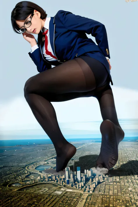 Giantの芸術, 非常に詳細なGiantショット, Giant, short hair, A high school girl who is much bigger than a skyscraper, wearing rimless glasses, big breasts, big ass, navy blue blazer, red tie, mini skirt, black pantyhose, pantyhose barefoot, Steam comes out from the soles...