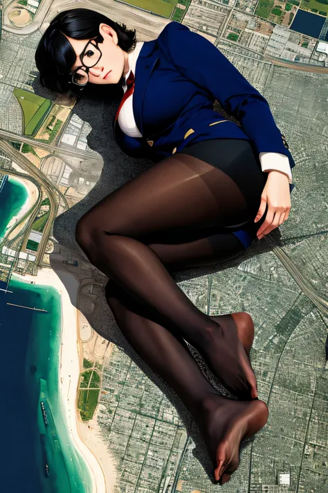 Giantの芸術, 非常に詳細なGiantショット, Giant, short hair, A high school girl who is much bigger than a skyscraper, wearing rimless glasses, big breasts, big ass, navy blue blazer, red tie, mini skirt, black pantyhose, pantyhose barefoot, Steam comes out from the soles...