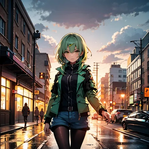 18 year old girl, short hair, greenish blue hair, yellow eyes, black black jacket, jeans shorts, on the streets of london, cloud...