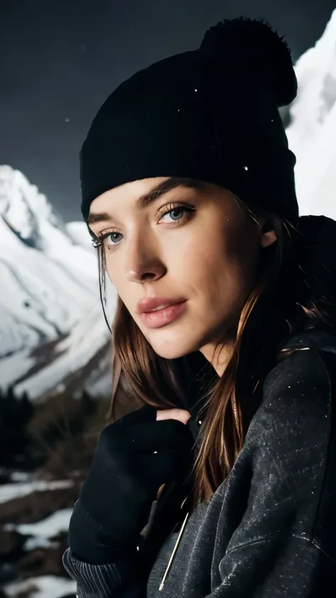 photorealistic, best quality, hyper detailed, beautiful Caity Lotz, selfie photo, full body, solo, wearing pullover, outdoors, (night), mountains, real life nature, stars, moon, (cheerful, happy), sleeping bag, gloves, sweater, beanie, flashlight, forest, ...