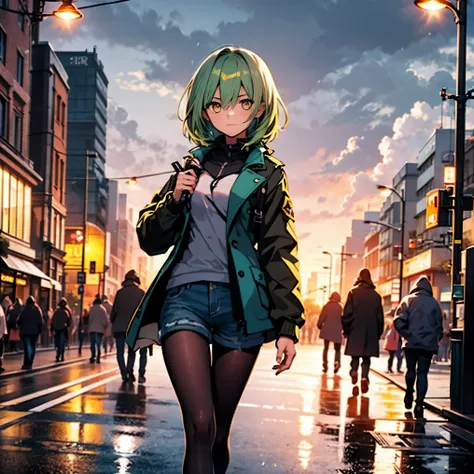 18 year old girl, short hair, greenish blue hair, yellow eyes, black black jacket, Jeans Shorts, On the streets of London, Cloudy weather, light rain, highlight, 4K, excellent anatomy, wearing pantyhose, masterpiece