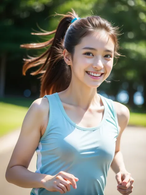 (masterpiece,highest quality:1.4),(8K,RAW photo,photo-realistic:1.2),(shiny skin),fine skin,detailed face,fine eyes,1 girl,Upper body,japanese idol,very beautiful face,smile,Girl Running,Wearing sportswear ,outdoor