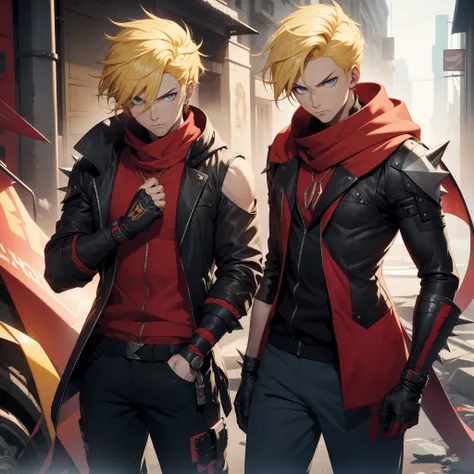 (26 years old), (male), Yellow hair, (Blue eyes), Spiky, red scarf, red hoodie vest, sleeveless, black pants, black gloves, slim, up to legs, intimidating aura