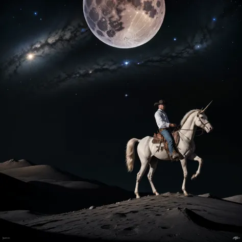 (masterpiece, best quality) 1 guy, an album cover contain a western cowboy and a white unicorn on the moon