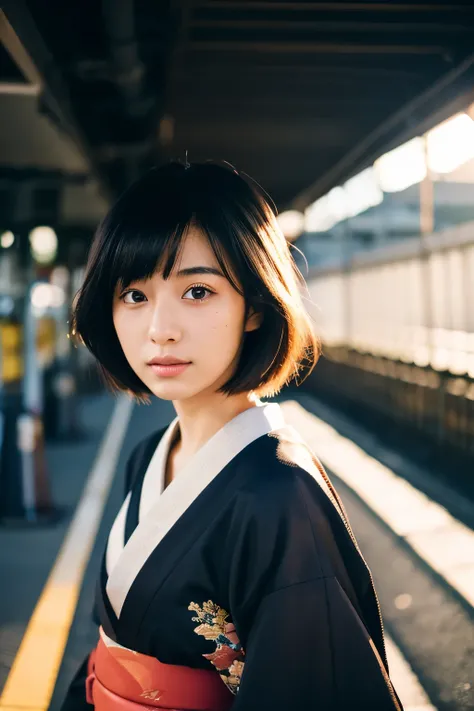 A 20-year-old Japanese supermodel girl，black hair，Ukiyo-e kimono，Japan Highway Background，a ray of light，Beautiful facial lighting，Large，Photographed by Yui Aragaki，6 o&#39;clock