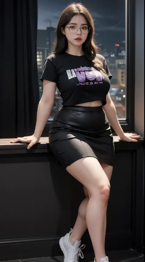 A beautiful beauty, long black hair, big eyes, round face, t-shirt , tight purple metalic skirt, sneakers , slightly fat, plump and sexy, delicate facial features, in the room, dark room, dark sky and dark clouds, HD, high quality, the best picture quality...