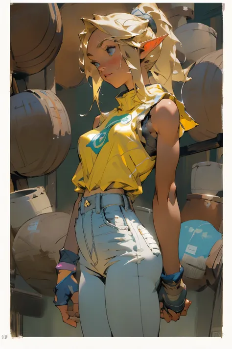 glow，masterpiece, best quality,  elf princess, blonde ponytail, oil painting portrait, sling，Vest，jeans，sports shoes，Big breasts部，Big breasts