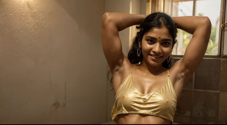 draw a smiling south indian woman wearing a bb towel blouse and gored skirt. her arms are up proudly revealing her dark, stubbly and unwashed armpit, that was not cleaned for 3 months. her hands are behind her head. add detailing to the dark, extremely dir...