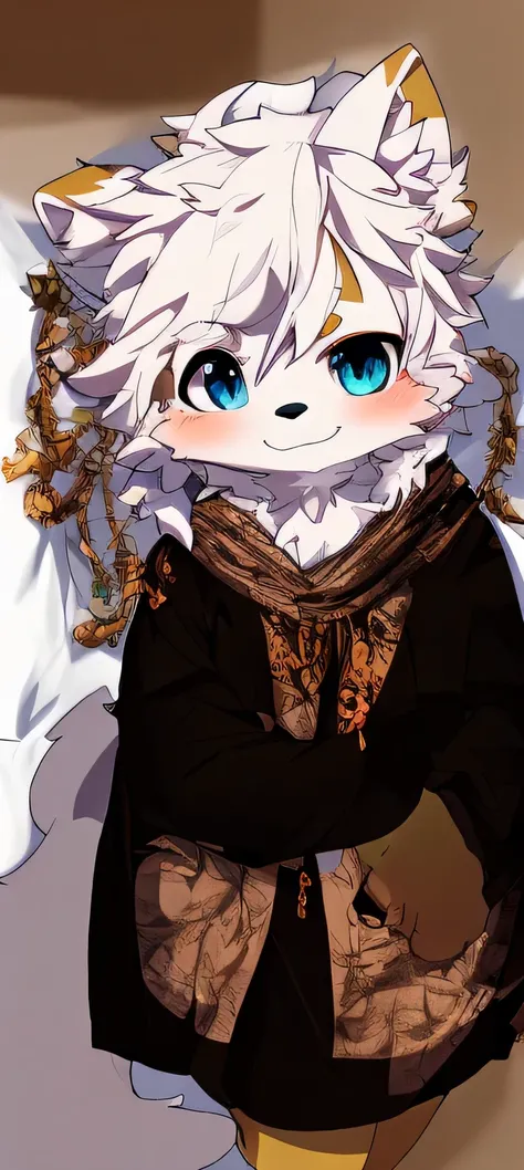 Bright Eyes, character bust photo, Q version, 头像框, Character focus, alone, hairy, hairy male fox，blue eyes, white hair (long) style, Little cute, will sell cute, has a tail