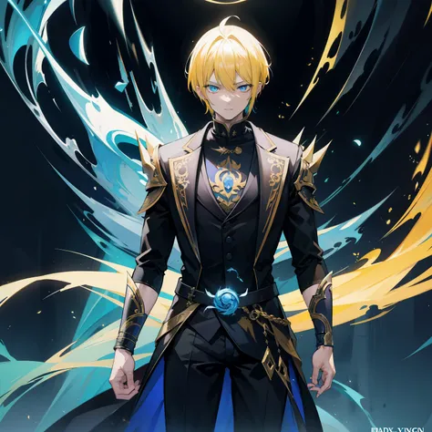 {[{{"Magnificent dark atmosphere, 4k artwork of man with Spiky Yellow hair and glowing blue eyes, short-haired,Cultivation master,The five elements of yin and yang,Yellow dragon."}]}}