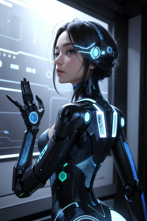 highly sofisticated robot from far future, not ordinary, made out of mirriad of futuristic parts, both holographic and physical, hyperealistic, 8k,